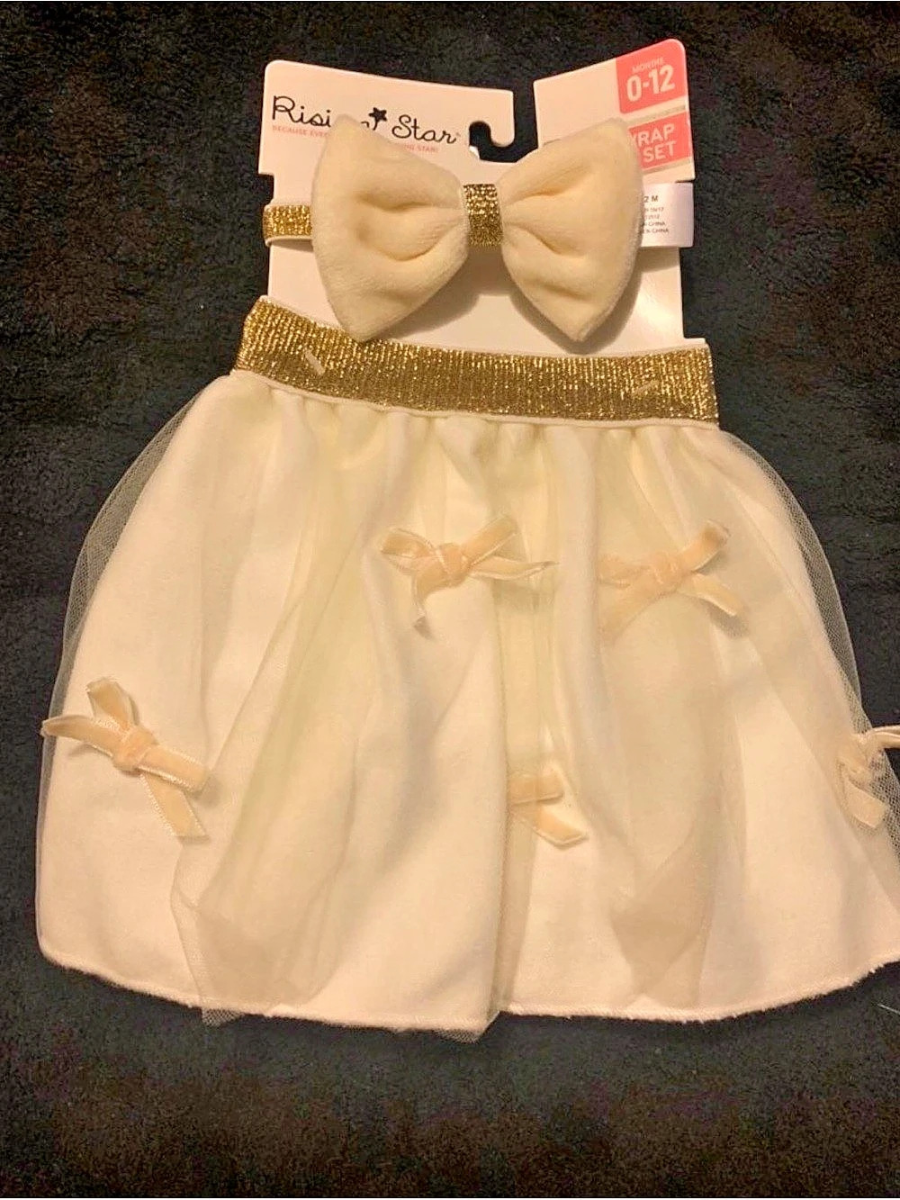 Rising Star Baby Girl Gold Trim Tulle Skirt and Bow,Headband Set New 0-12 Month